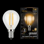                 Лампа светодиодная LED 7Вт E14 220В 2700К шар | 105801107 | Gauss
               