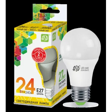 Лампа светодиодная LED-A65-standard 24Вт 230В Е27 3000К 2160Лм | 4690612014265 | ASD