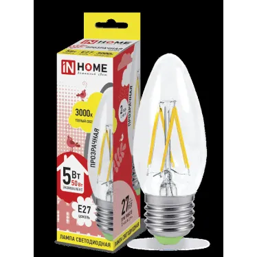 Лампа светодиодная LED-СВЕЧА-deco 5Вт 230В Е27 3000К 450Лм прозр | 4690612007588 | IN HOME