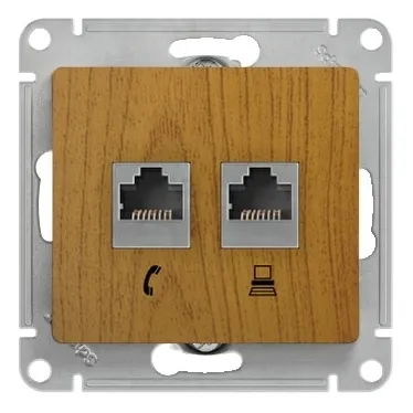 GLOSSA Розетка двойная телефон/компьютер RJ11+RJ45 категория 5е дуб в рамку