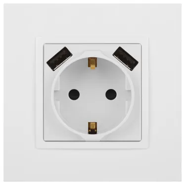 Розетка 2P+E 16A-250В, штор. с 2xUSB 5В-3А, Эра Elegance, белый 14-4109-01
