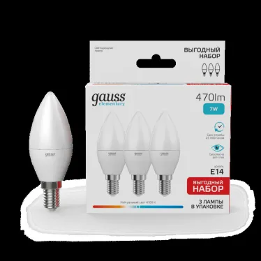 Лампа светодиодная LED 7Вт E14 220В 4100К Elementary свеча (3 лампы в упаковке) | 33127T | Gauss