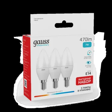 Лампа светодиодная LED 7Вт E14 220В 4100К Elementary свеча (3 лампы в упаковке) | 33127T | Gauss