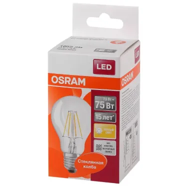 Лампа светодиодная филаментная LED STAR Classic A 8W, прозрачная колба, Е27 LEDSCLA75 8W/827 230V FIL E27 FS1 | 4058075055339 | Osram