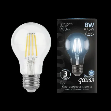 Лампа светодиодная Black LED Filament A60 E27 8W 780lm 4100К | 102802208 | Gauss