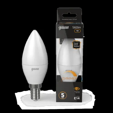 Лампа светодиодная LED 7Вт E14 220В 3000К свеча, диммируемая | 103101107-D | Gauss