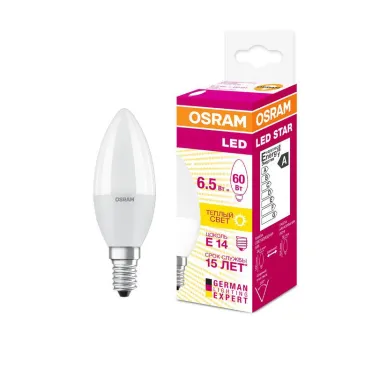 Лампа светодиодная LED LS CLB 60 6.5W/830 220-240V FR E14 550lm 240* 15000h свеча | 4058075134171 | Osram