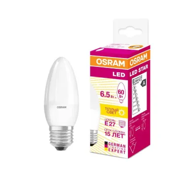 Лампа светодиодная LED LS CLB 60 6.5W/830 220-240V FR E27 550lm 240* 15000h свеча | 4058075134232 | Osram