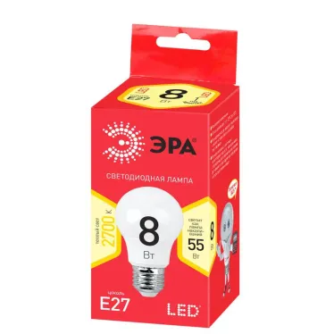 Лампа светодиодная ECO LED A55-8W-827-E27 Лампы СВЕТОДИОДНЫЕ ЭКО ЭРА (диод, груша, 8Вт, тепл, E27) | Б0032095 | ЭРА