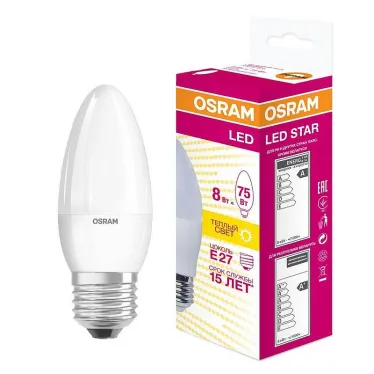 Лампа светодиодная LED STAR Classic B 8Вт, матовая колба, Е27 LSCLB75 8W/830 230V E27 10X1 RU | 4058075210745 | Osram