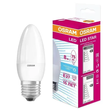 Лампа светодиодная LED STAR Classic B 8Вт, матовая колба, Е27 LSCLB75 8W/840 230V E27 10X1 RU | 4058075210776 | Osram