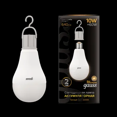 Лампа светодиодная LED A60 10W E27 640lm 3000K с Li-Ion аккумулятором 1/10/60 | 102402100 | Gauss