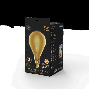 Лампа светодиодная LED Vintage Filament Straight PS160 6W E27 160*290mm Amber 890lm 2700K 1/6 | 179802118 | Gauss