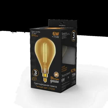 Лампа светодиодная LED Vintage Filament Straight PS160 6W E27 160*290mm Amber 890lm 2700K 1/6 | 179802118 | Gauss