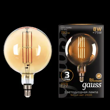 Лампа светодиодная LED Vintage Filament G200 8W E27 200*300mm Amber 780lm 2400K 1/6 | 153802008 | Gauss