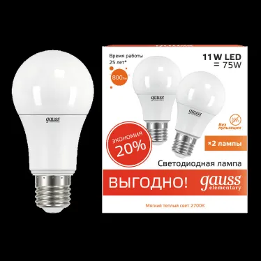 Лампа светодиодная LED 11Вт E27 220В 2700К А60 Elementary (2 лампы в упаковке) | 23211P | Gauss