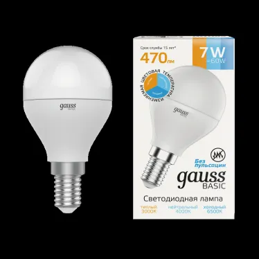 Лампа светодиодная BASIC Шар 7W E14 470lm 3000K-4000K-6500K 1/10/100 | 1053147 | Gauss