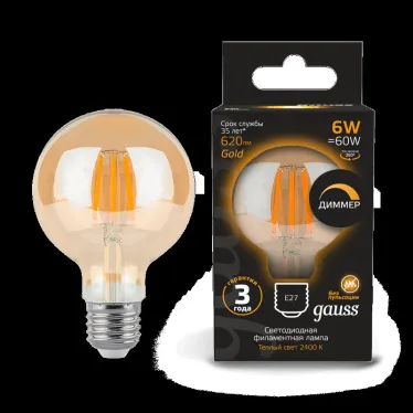 Лампа светодиодная Filament G95 6W 620lm 2400К Е27 golden диммируемая | 105802006-D | Gauss