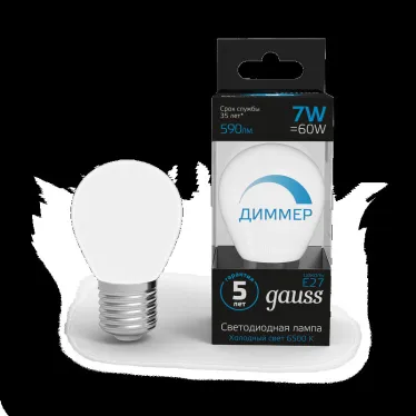Лампа светодиодная Шар 7W 590lm 6500К E27 диммируемая | 105102307-D | Gauss