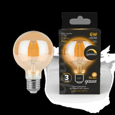 Лампа светодиодная Filament G95 6W 620lm 2400К Е27 golden диммируемая | 105802006-D | Gauss