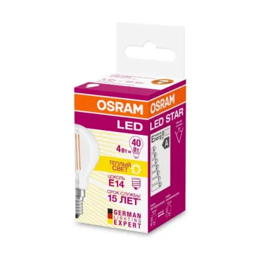 Лампа светодиодная филаментная LED STAR Classic P 4W, прозрачная колба, Е14 LEDSCLP40 4W/827 230V FIL E14 FS1 | 4058075068377 | Osram