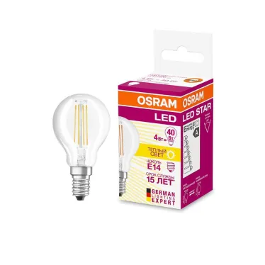 Лампа светодиодная филаментная LED STAR Classic P 4W, прозрачная колба, Е14 LEDSCLP40 4W/827 230V FIL E14 FS1 | 4058075068377 | Osram