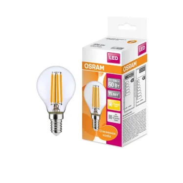 Лампа светодиодная филаментная LED STAR Classic P 5W, прозрачная колба, Е14 LSCLP60 CL 5W/827 230V FILE1410X1RU | 4058075212459 | Osram