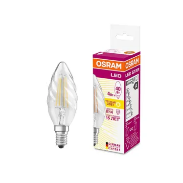 Лампа светодиодная филаментная LED STAR Classic BW 4W, прозрачная колба, Е14 LEDSCLBW40 4W/827 230V FIL E14 FS1 | 4058075055391 | Osram