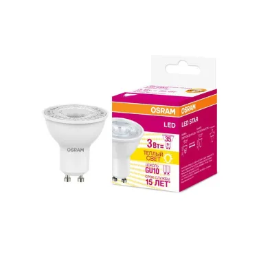 Лампа светодиодная LED STAR PAR16 3W, GU10 LSPAR163536 3W/830 230VGU1010X1RU | 4058075134782 | Osram