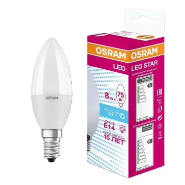 Лампа светодиодная LED STAR Classic B 8Вт, матовая колба, Е14 LSCLB75 8W/840 230V E14 10X1 RU | 4058075210714 | Osram