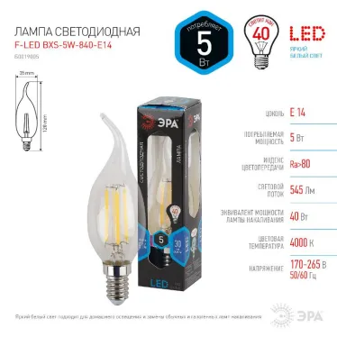 Лампа светодиодная LED 5Вт E14 220В 4000К F-LED BXS свеча на ветру | Б0019005 | ЭРА