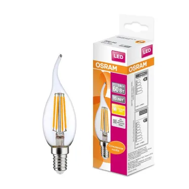 Лампа светодиодная филаментная LED STAR Classic BA 5W, прозрачная колба, Е14 LSCLBA60 CL 5W/827 230VFILE1410X1RU | 4058075212336 | Osram