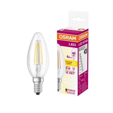 Лампа светодиодная филаментная LED STAR Classic B 4W, прозрачная колба, Е14 LEDSCLB40 4W/827 230V FIL E14 FS1 | 4058075068353 | Osram