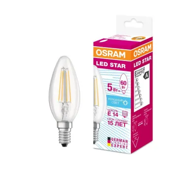 Лампа светодиодная филаментная LED STAR Classic B 5W, прозрачная колба, Е14 LEDSCLB50 5W/840 230V FIL E1410X1RU | 4058075116702 | Osram