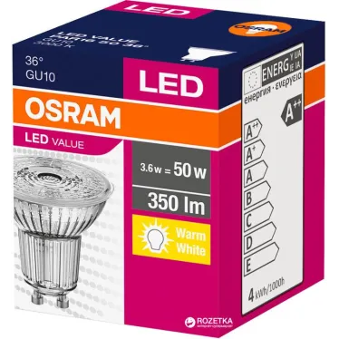 Лампа светодиодная LED VALUE PAR16 50 non-dim 36° 3, 6W/830 GU10 | 4058075096622 | Osram