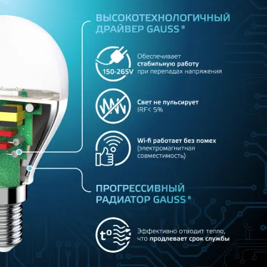 Лампа светодиодная LED 6,5Вт E14 220В 4100К шар | 105101207 | Gauss