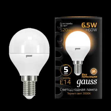 Лампа светодиодная LED 6,5Вт E14 220В 2700К шар | 105101107 | Gauss