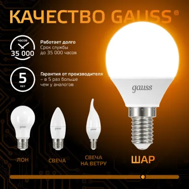 Лампа светодиодная LED 6,5Вт E14 220В 2700К шар | 105101107 | Gauss