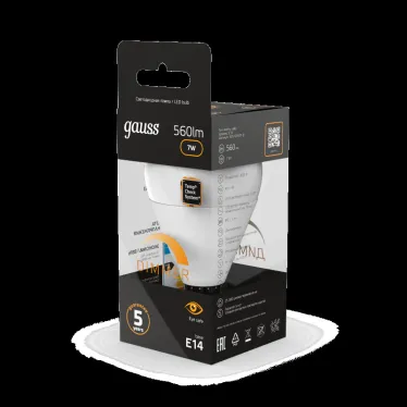 Лампа светодиодная LED 7Вт E14 220В 3000К шар, диммируемая | 105101107-D | Gauss
