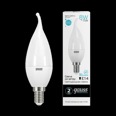 Лампа светодиодная LED 8Вт E14 220В 4100К Elementary свеча на ветру | 34128 | Gauss