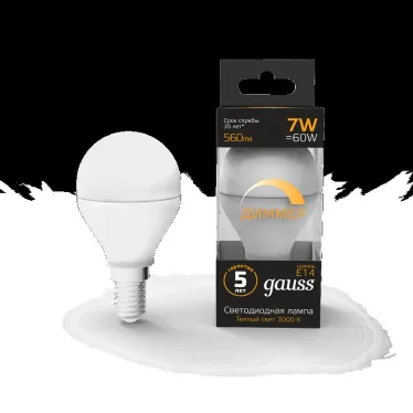 Лампа светодиодная LED 7Вт E14 220В 3000К шар, диммируемая | 105101107-D | Gauss