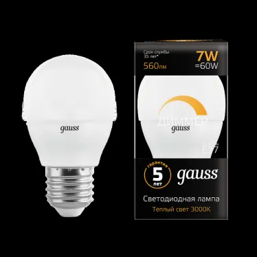 Лампа светодиодная LED 7Вт E27 220В 3000К шар, диммируемая | 105102107-D | Gauss
