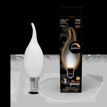 Лампа светодиодная Filament Свеча на ветру 9W 590lm 3000К Е14 milky диммируемая LED 1/10/50 | 104201109-D | Gauss