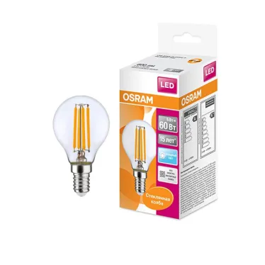 Лампа светодиодная филаментная LED STAR Classic P 5W, прозрачная колба, Е14 LSCLP60 CL 5W/840 230V FILE1410X1RU | 4058075212480 | Osram