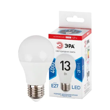 Лампа светодиодная LED A60-13W-127V-840-E27 (диод, груша, 13Вт, 127В, нейтр, E27) (10/100/2000) | Б0049101 | ЭРА