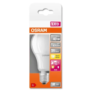 Лампа светодиодная LED DAYLIGHT SENSOR CLASSIC A 40 6 W/2700K E27 | 4058075428300 | OSRAM