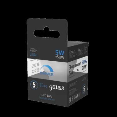 Лампа светодиодная MR16 5W 530lm 6500K GU10 диммируемая LED 1/10/100 | 101506305-D | Gauss