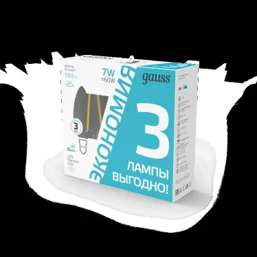 Лампа светодиодная Filament Свеча 7W 580lm 4100К Е14 LED (3 лампы в упаковке) 1/20 | 103901207T | Gauss