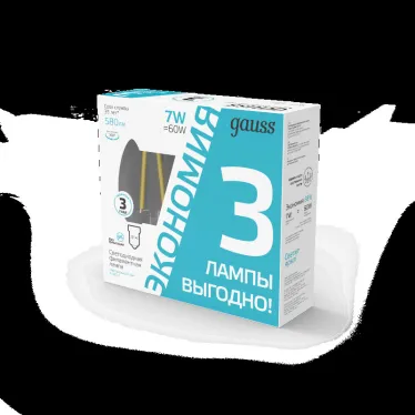 Лампа светодиодная Filament Свеча 7W 580lm 4100К Е14 LED (3 лампы в упаковке) 1/20 | 103901207T | Gauss