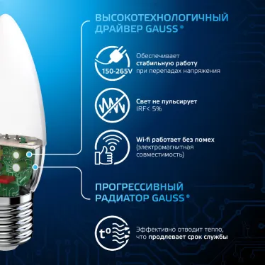 Лампа светодиодная Свеча 9.5W 950lm 6500К E27 LED 1/10/50 | 103102310 | Gauss
